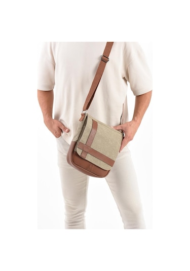 Kanvas Kumaş Tablet Çantası Erkek Postacı Çanta 27 23 Cm Çapraz Askılı Omuz Çantası Krem