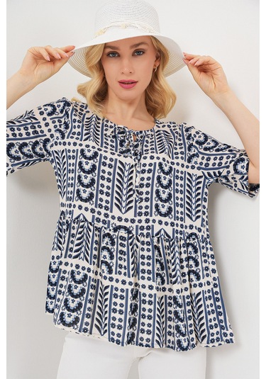 Kadın Desenli Kısa Kol Bluz 969 - İndigo Indigo