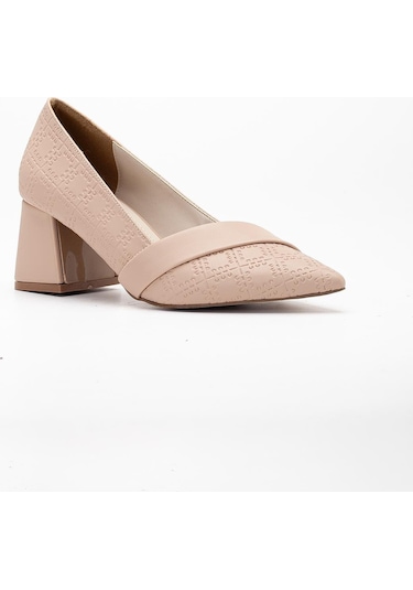 Kadın Topuklu Ayakkabı Bej Baskılı Deri Yanyüzlü Sivri Kalıp-3579 Bej