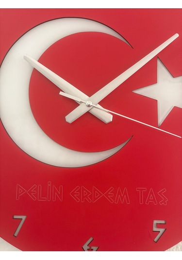 Kişiye Özel İsim Yazılı Ay Yıldız Türk Bayrağı Duvar Saati Epoksi Dolgulu 40 Cm Kırmızı - Beyaz