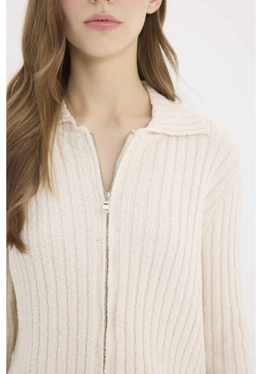 DeFacto Slim Fit Dar Kesim Polo Yaka Fermuarlı Hırka E4030AX25SPER105 Ekru