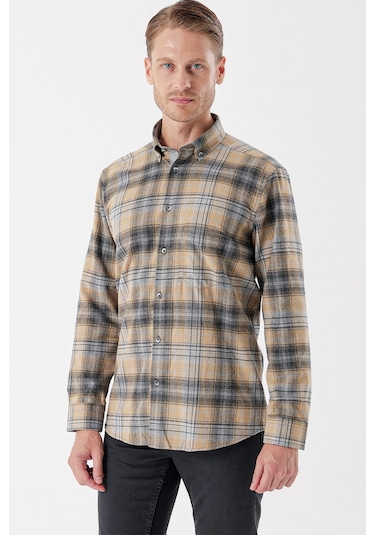 Hardal Uzun Kollu Ekoseli Gabardin Sert Yaka Cepli Garnili Casual Comfort Fit Gömlek 1004235112-hardal Hardal