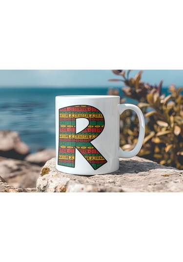 R Harfi Etnik Desenli Kupa - Afrika Tarzı Kahve Çay Kupası - Hediyelik - Black History Beyaz