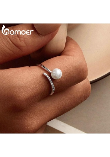 Bamoer 925 Ayar Gümüş Kaliteli Kabuk Inci Açılış Yüzük Zirkon Ayarlanabilir Yüzük Zarif Güzel Takı Kadınlar İçin