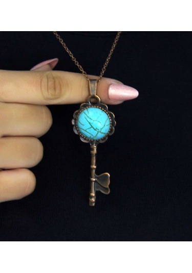 Doğal Taş Firuze Doğal Taşlı Anahtar Model Kadın Antik Kolye Euk35f Mavi