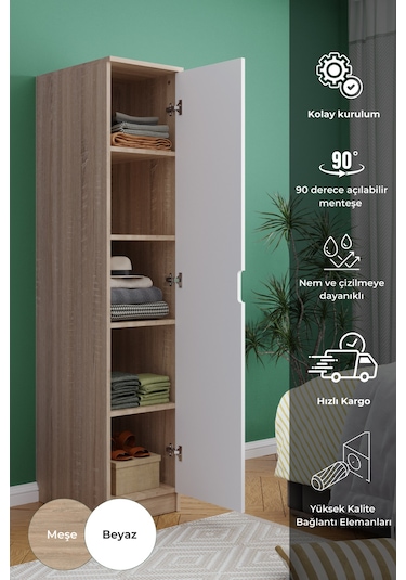Lento 1 Kapaklı 5 Raflı Gardırop Beyaz Meşe Beyaz Meşe