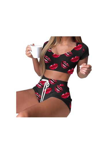 Siyah Moda Kadın O-boyun Kısa Kollu Şort Ev Giyim Pijama Elastik Bel Çizgili Sleepweara Siyah Siyah Moda Kadın O-boyun Kısa Kollu Şort Ev Giyim Pijama Elastik Bel Çizgili Sleepweara Siyah