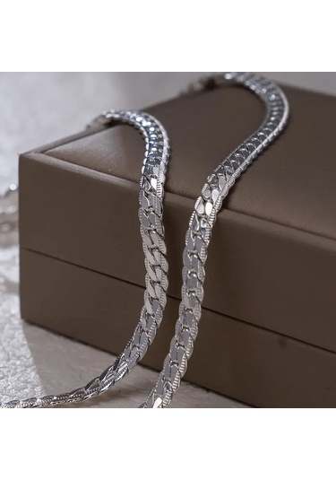 Gümüş İtalyan Ezme Yassı Yılan Çelik Unisex Set Tak... Silver