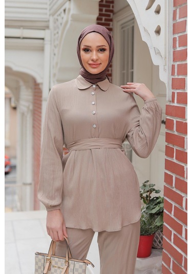 Taş Düğme Detaylı Takım Vizon Vizon