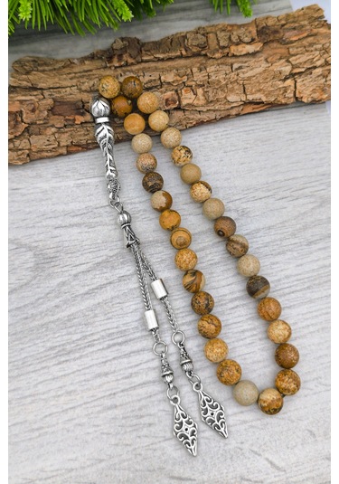 Erkek Taş Jasper Doğal Taş Tesbih Ve Bileklik Set 8 Mm Bt049 Kahverengi - Beyaz