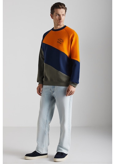 Colway Erkek Organik Pamuk Renk Bloklu Nakışlı Içi Polarlı Lacivert/haki/turuncu Sweatshirt