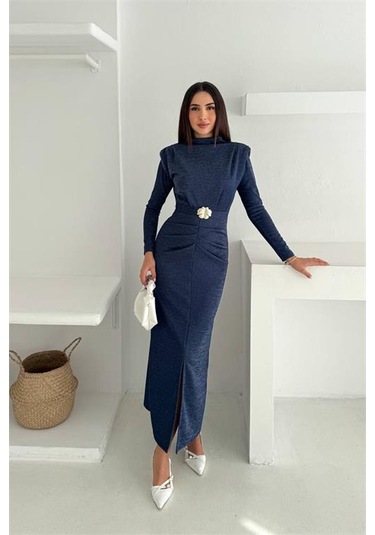 Neşeli Butik Kadın Kol Vatkalı Toka Detaylı Drapeli Maxi Elbise Nbk4358 Lacivert