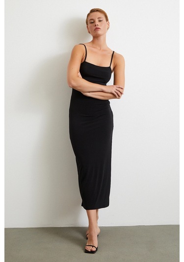 Yanı Büzgülü Askılı Elbise Yırtmaçlı Siyah Siyah