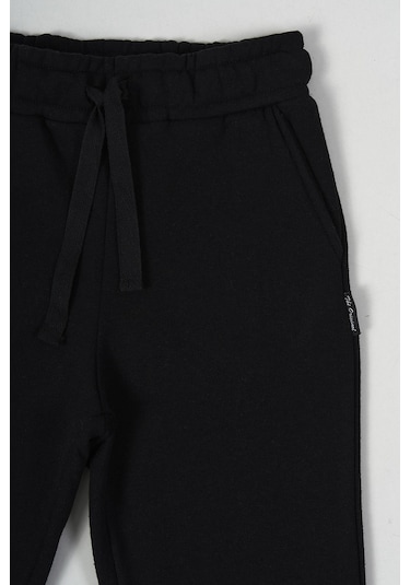 Siyah Kalın Pamuklu Beli Ve Paçası Lastikli Yan Cepli Erkek Çocuk Eşofman Altı Siyah