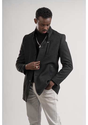 Slimfit Hakim Yaka Düğme Kapamalı Yan Cepli Astarlı Tek Yırtmaçlı Yünlü Kaşe Kaban Antrasit