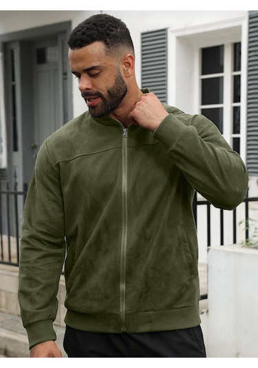 Edwardest Erkek Süet Bomber Fermuarlı Hırka Ceket Yeşil