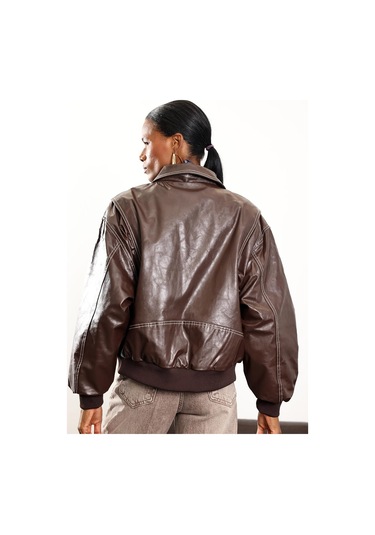 Kahverengi Kontrast Dikişli Deri Bomber Ceket Kahverengi