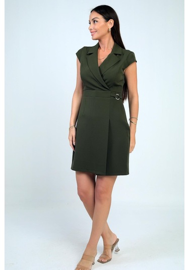 Kadın Kruvaze Yaka Toka Detaylı Eteği Pileli Likralı Krep Elbise-40381 Haki