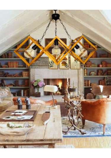 Doğal Eskitme 3'lü Ahşap Kare Çerçeveli Avize Siyah Zincir Askı