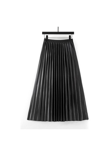 M-4xl Yaz Düz Renk Uzunluk Kadın Midi Pileli Etekler Elastik Yüksek Bel Saten Düz Etek Kore A Kesim Etek Qt2397 Siyah