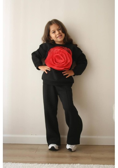 Kız Çocuk Siyah 2 Li Takım Kırmızı Organze Gül Detaylı Sweatshirt & Rahat Eşofman Takım Red Rose