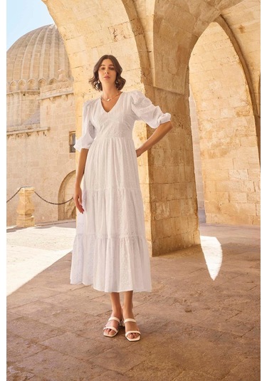 Monamise 23077 Kadın Truvakal Kol V Yaka Elbise-beyaz Beyaz