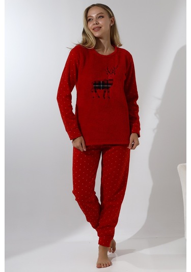 Fawn 5016 Peluş Welsoft Polar Kışlık Yumoş Geyikli Kadın Pijama Takımı Kırmızı