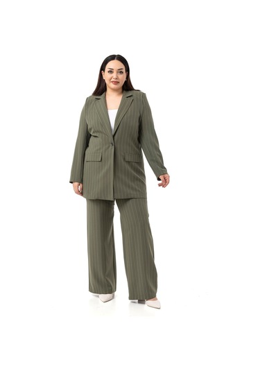 Büyük Beden Çizgili Haki Ceket Pantolon İkili Takım Haki