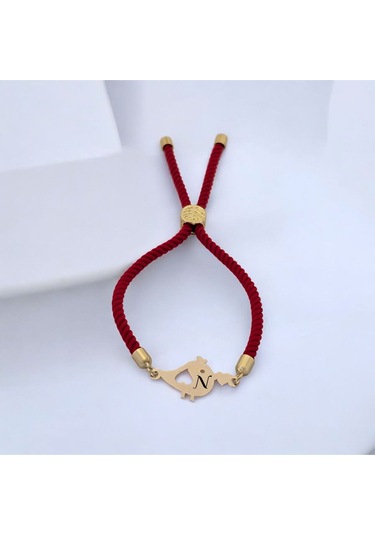 Archin N Harfine Özel 14 Ayar Altın Plakalı Minik Kuş Motifli Kırmızı Örgülü Hediye Bileklik-363harf N