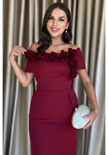Vivenza Gül Detaylı Omuz Açık Kayık Yaka Uzun Bordo Abiye Elbise, Nişan Ve Düğün Zarafeti Bordo