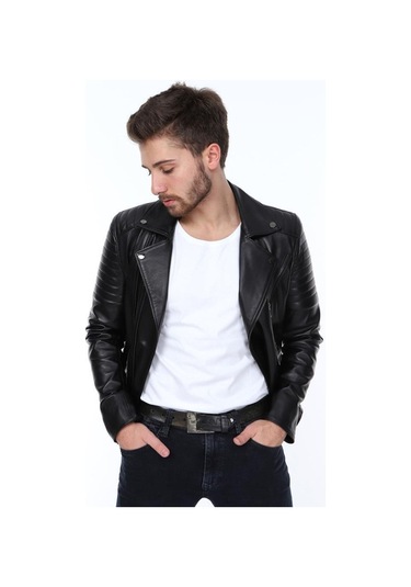 Hakiki Kuzu Derisi Yaka Detaylı Yandan Fermuarlı Erkek Deri Ceket Siyah Siyah