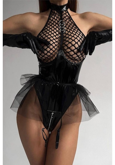 Bikini Mayokini Dünyası Etekli Latex Bodysuit - Siyah Siyah