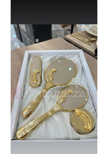 Ceyizworld Alyans Gold Çiçekli 4'lü Lüx Ayna Tarak Fırça Seti