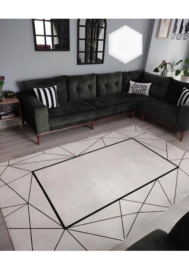 Platin Kaymaz Tabanlı Yıkanabilir Halı Kilim Yolluk Beyaz Siyah Beyaz - Siyah