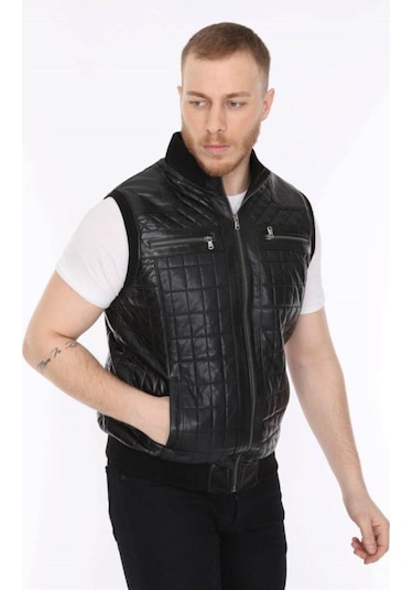 Hakiki Deri Siyah Işlemeli Lastikli Erkek Deri Yelek Siyah