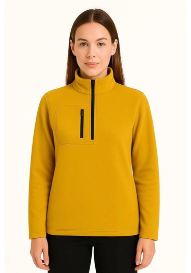 Polar Kazak Dik Yaka, Yarım Fermuarlı, Fermuarlı Göğüs Cepli, Siyah Biyeli, Kışlık Rahat Regular Fit Günlük Model - Sarı Sarı