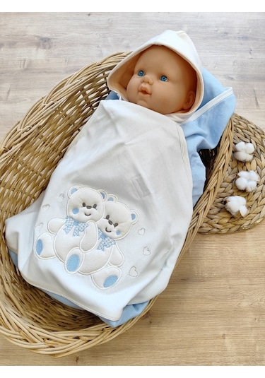 %100 Pamuklu & Mevsimlik Bebek Battaniyesi - Kahverengi & Ayıcık Nakışlı Bebek Örtüsü 80x90 Cm Mavi