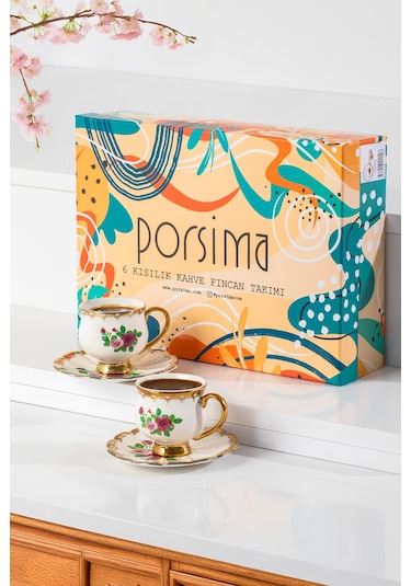 Porsima 3187 Majesty 12 Parça Yaldızlı Porselen Türk Kahve Fincan Takımı Çok Renkli