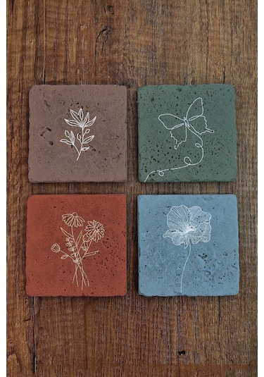 Doğal Taş Bardak Altlığı 4'lü Set - Renkli Çiçek Desenleri - Stone Coasters Çok Renkli