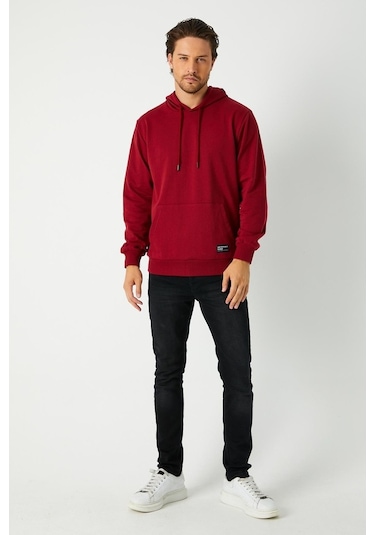 MMetalic Bordo Erkek Kapüşonlu Kanguru Cepli Sweatshirt