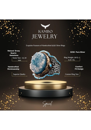 El Yapımı 925 Ayar Gümüş Erkek Yüzük İle Doğal Taş - Kültürel Tasarım Mavi Drusy Kristali Gümüş