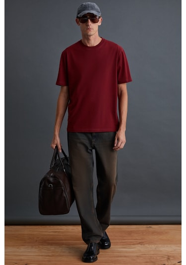 Solo Erkek %100 Organik Pamuklu Kalın Dokulu Comfort Fit Bisiklet Yakalı Bordo T-shirt