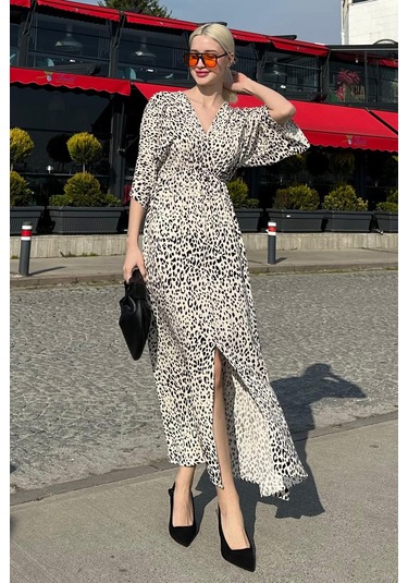 Madmext Beyaz Desenli Yırtmaç Detaylı Uzun Elbise Mg2321 Beyaz