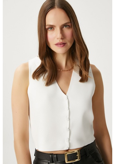 Ritnice Kadın Petite Çıtçıtlı Crop Krem Triko Yelek Krem