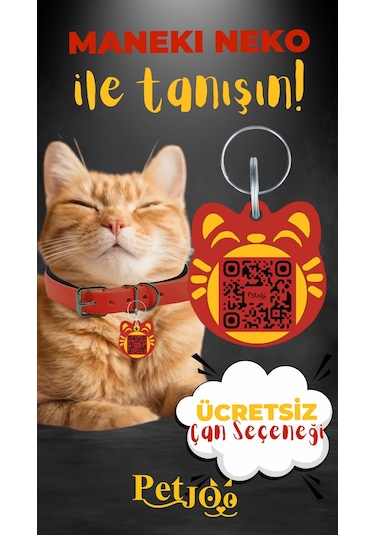 Petjoo 4.Maneki Neko Sarı-Kırmızı Qr'lı Kedi Künyesi