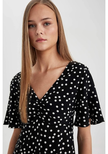 Defacto V Yaka Puantiyeli Maroken Mini Kısa Kollu Elbise B0127AX24SPBK27