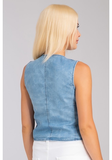 Bold & Young Kadın Bleach Yıkama Lyocell İnce Denim Kumaş Kot Yelek Lacivert