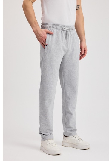 Gri Erkek Fermuarlı Cepli Nakış Detaylı Düz Paça Rahat Kesim Günlük Eşofman Altı Gri