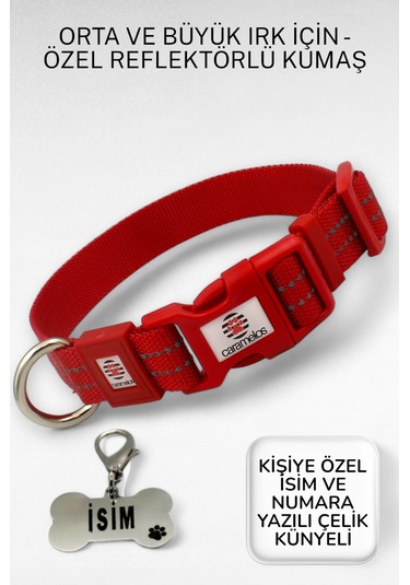 Caramelos Reflektörlü Köpek Tasması, Kişiye Özel Köpek Tasması. Büyük Ive Orta Irk Köpek Tasması Krm Kırmızı