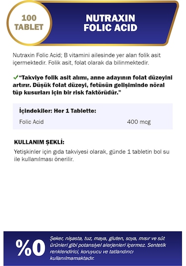 Nutraxin Folik Asit 400 Mcg 100 Tablet